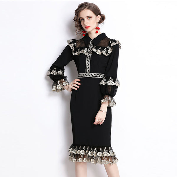 Turn down collar long sleeve embroidered bodycon dresses