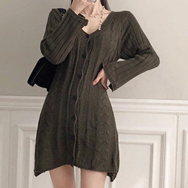 V-neck button down causal sweater dresses