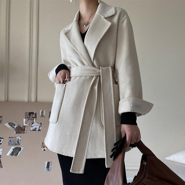 Solid lapel woolen coats with belted