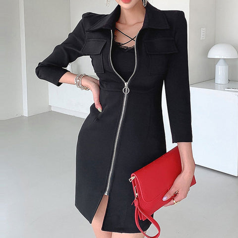 Sexy black turn-down collar zip-up sheath mini dresses