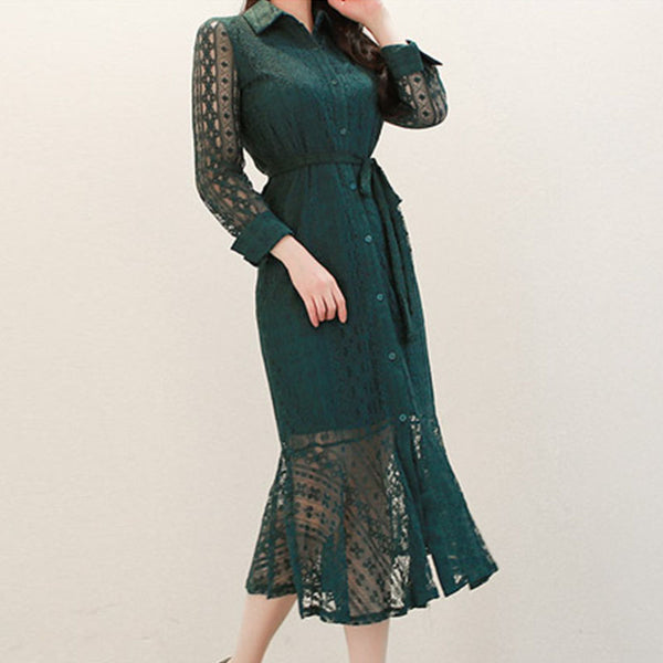 Turn-down collar lace patchwork shirt dresses