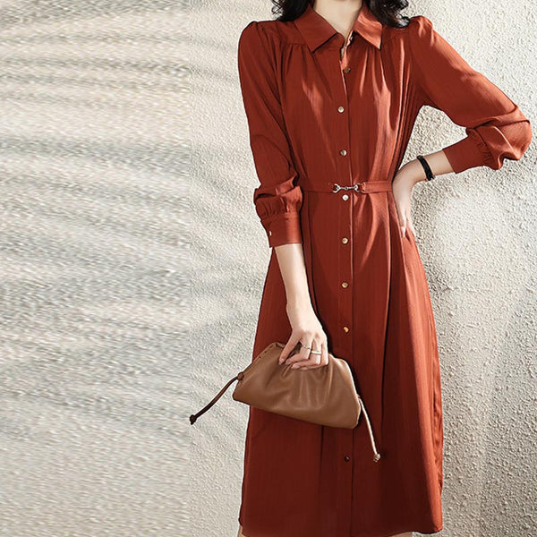 Casual lapel long sleeve belted shirt dresses