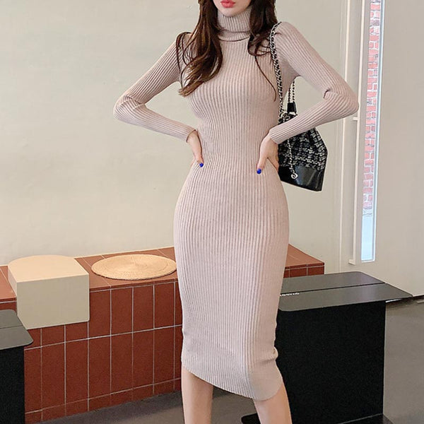 Turtleneck solid brief knitted bodycon dresses