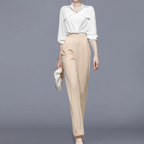 Fashion long sleeve high waisted straight pant suits