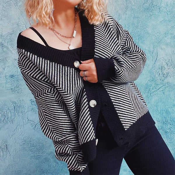 Casual stripe v-neck button up long sleeve cardigans