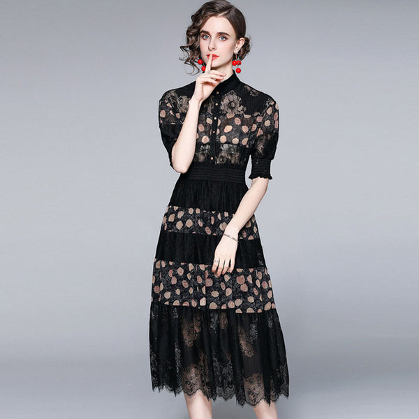 Retro half sleeve print patchwork lace dresses