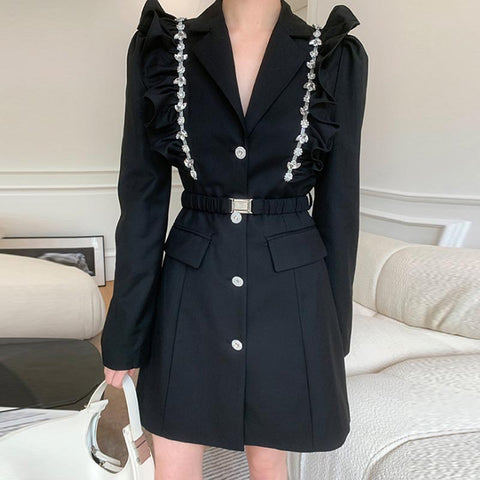 Elegant ruffle diamond lapel long sleeve blazer dresses