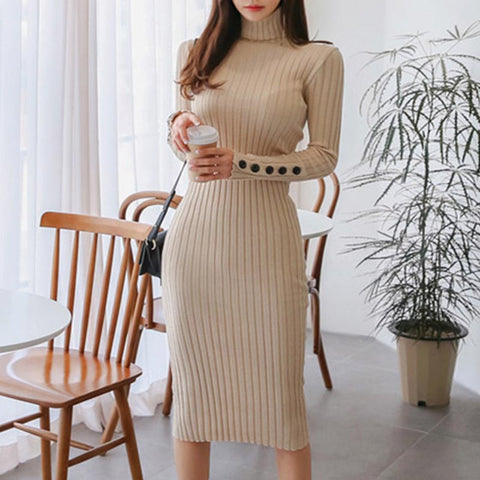 Turtleneck solid basic knitted bodycon dresses