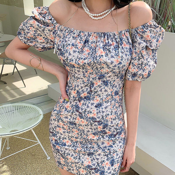 Floral off-the-shoulder puff sleeve bodycon dresses