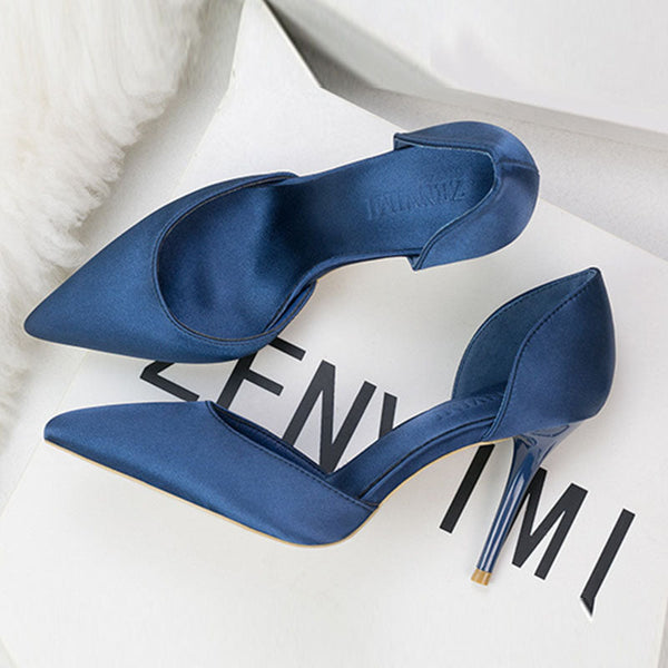 Satin both side cut out pointed toe heels