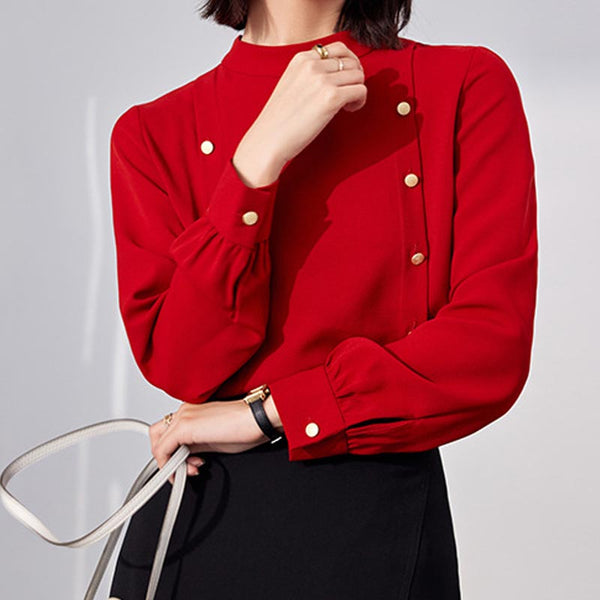 Chic solid mock neck long sleeve blouses