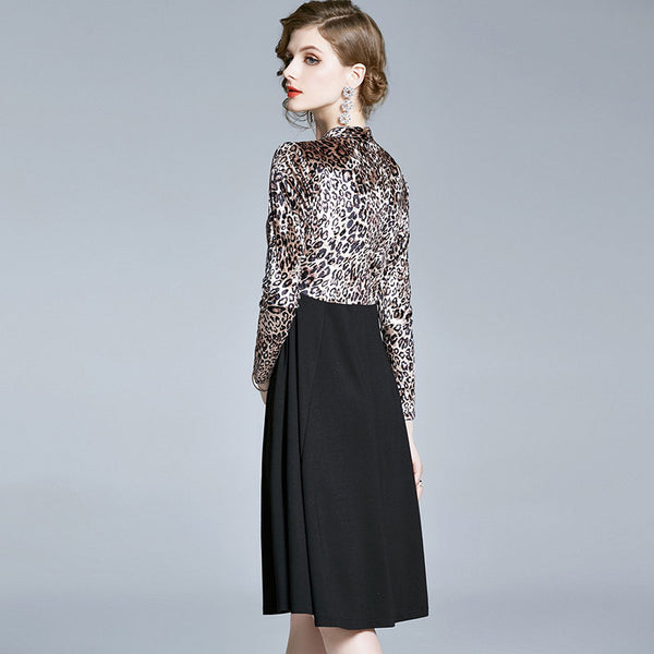 V-neck leopard patchwork a-line dresses