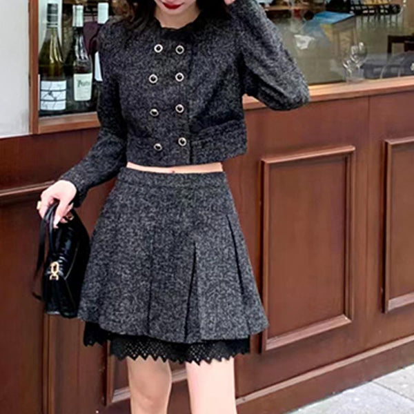 Elegant double breasted long sleeve coats and pleated skirts suits