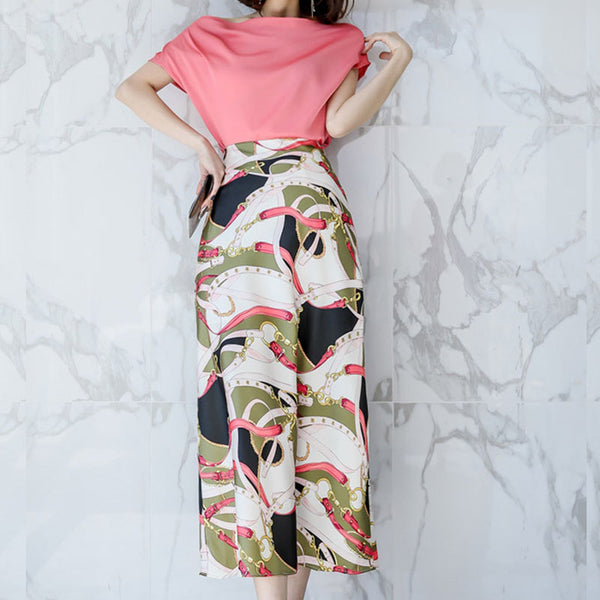 One sleeve top vintage print skirt suits