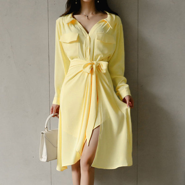 Yellow single-breasted tee dresses with mini skirt