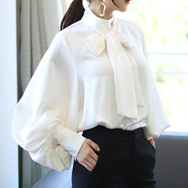 Mock neck with front tie fitted blouses