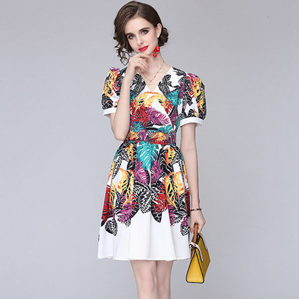 V-neck puff sleeve print a-line dresses