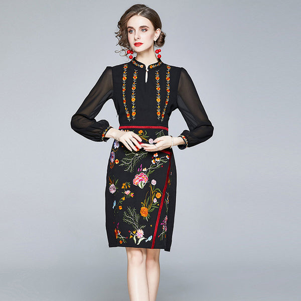 Button front embroidered mesh dresses