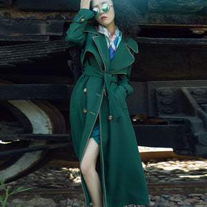 Vintage dark green double breasted lapel trench coats with belt