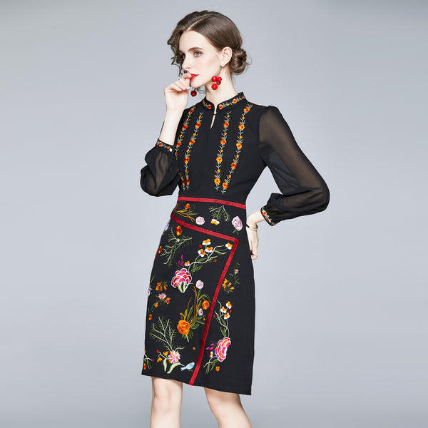 Button front embroidered mesh dresses