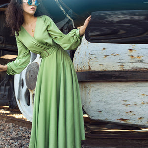 V-neck long sleeve midi dresses