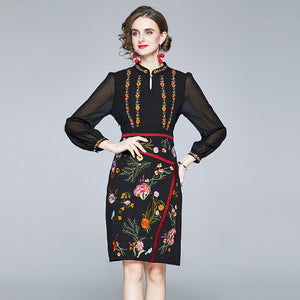 Button front embroidered mesh dresses