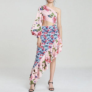 Single off shoulder floral skirt suit