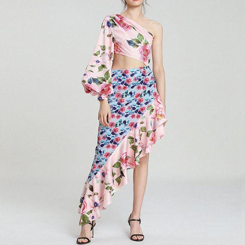 Single off shoulder floral skirt suit