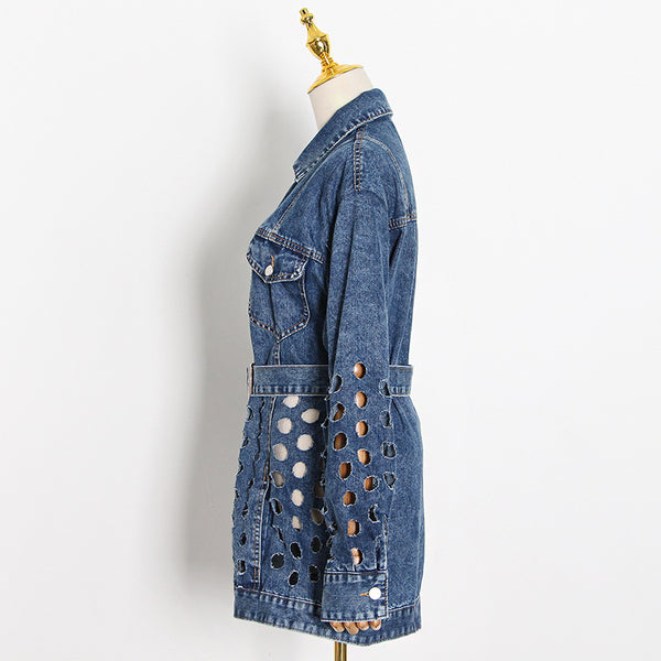 Chic hollow out long sleeve belte denim coats
