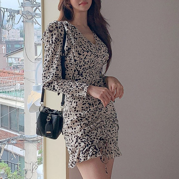 V-neck leopard drawstring mini dresses
