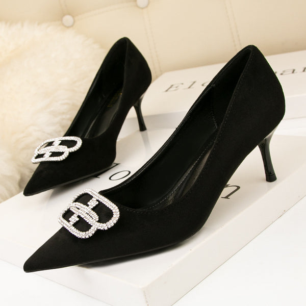 Suede letter rhinestone embellished pointed heels