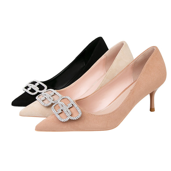 Suede letter rhinestone embellished pointed heels