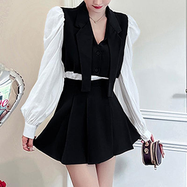 Elegant patch lapel long sleeve blazers and mini a-line skirts suits