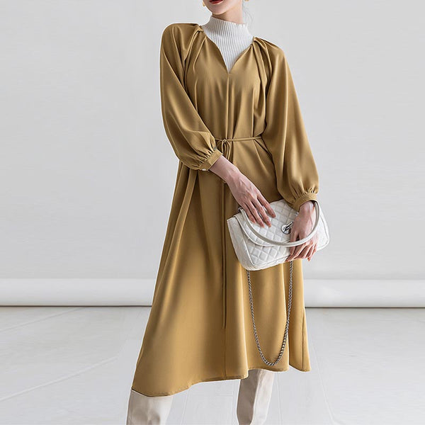 Brief solid v-neck long sleeve skater dresses