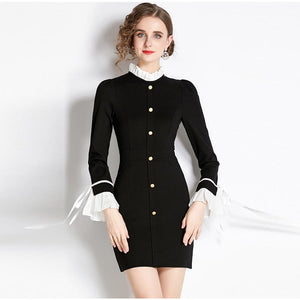 Retro patch mock neck long sleeve ruffle bodycon dresses