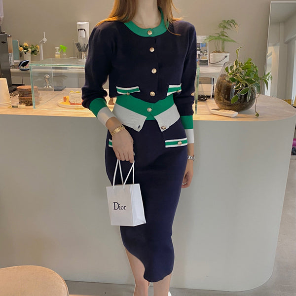 Crew neck single breast color block skirt suits