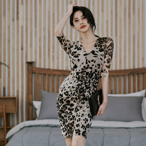 Leopard print ruched half sleeve bodycon dresses