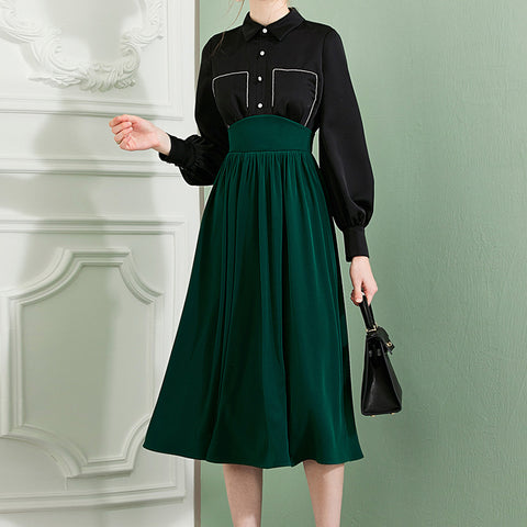 Vintage patch lapel long sleeve high waist a-line dresses