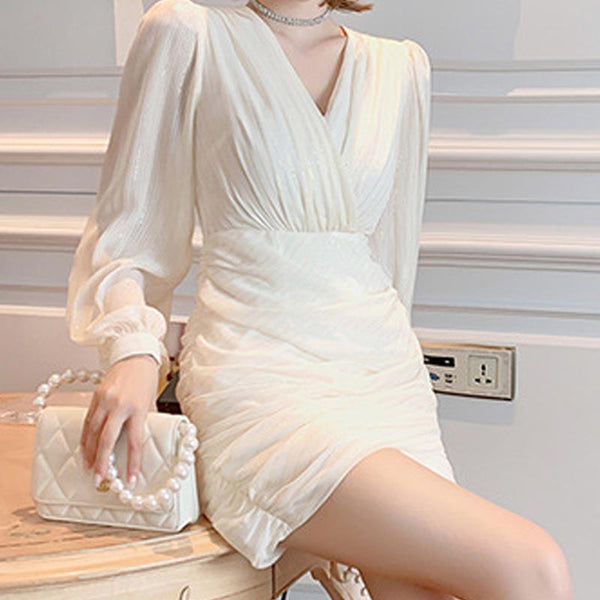 Elegant solid shirred v-neck long sleeve mini dresses