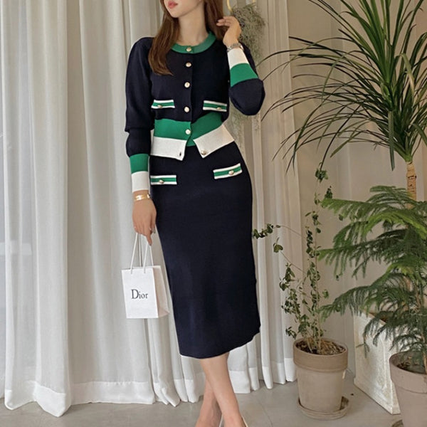 Crew neck single breast color block skirt suits