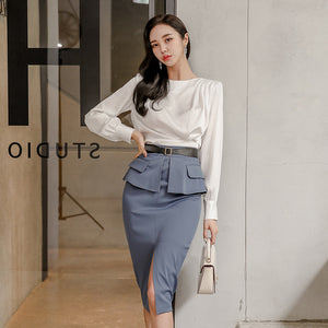 Lantern sleeve ruched patchwork skirt suits