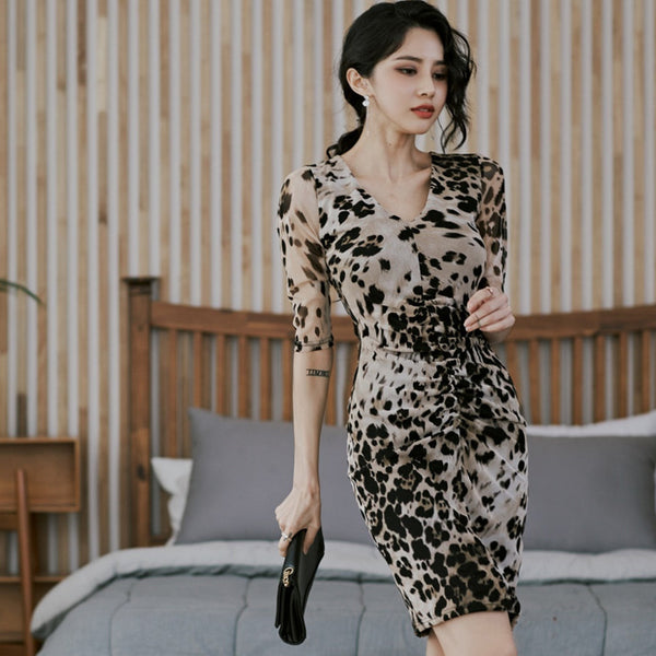 Leopard print ruched half sleeve bodycon dresses
