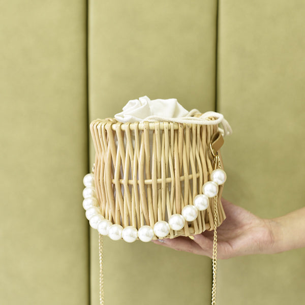 Stylish pearl round straw rattan handbags