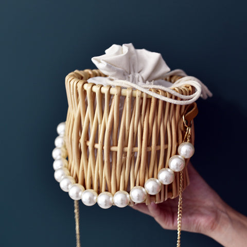 Stylish pearl round straw rattan handbags
