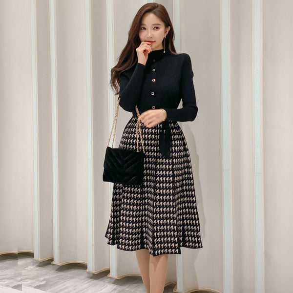 Patchwork houndstooth tie waist a-line dresses