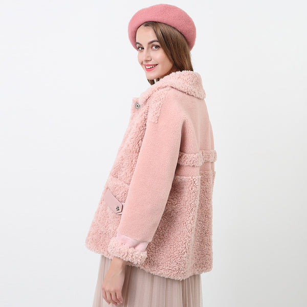 Sweet pink patchwork faux fur coats