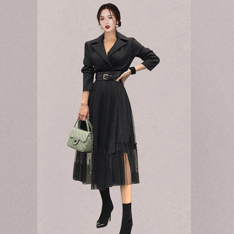 Women's suit collar long sleeve black dresses