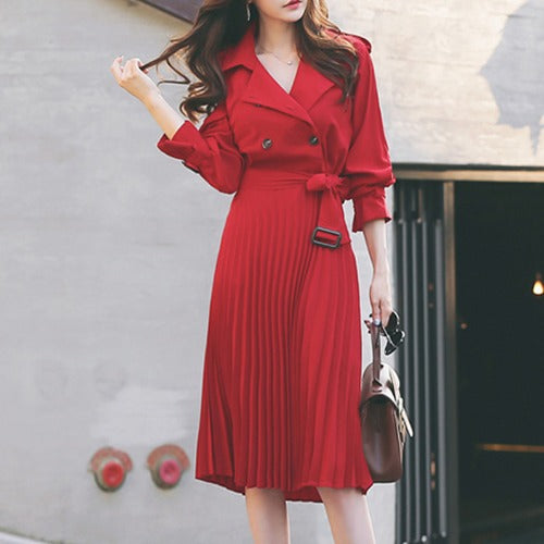 Double-breasted pleated midi dresses