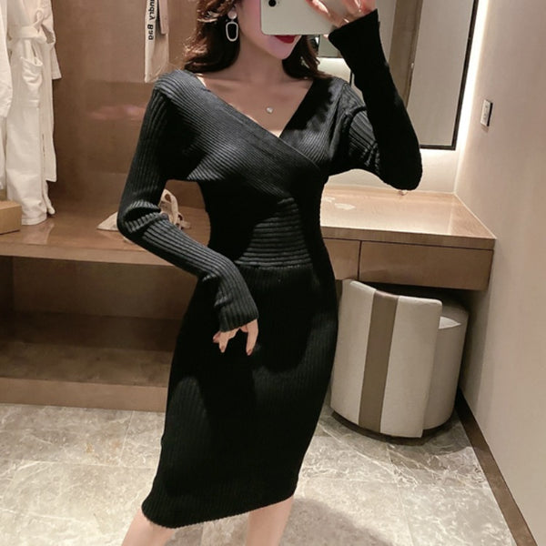V-neck solid high waisted bodycon dresses