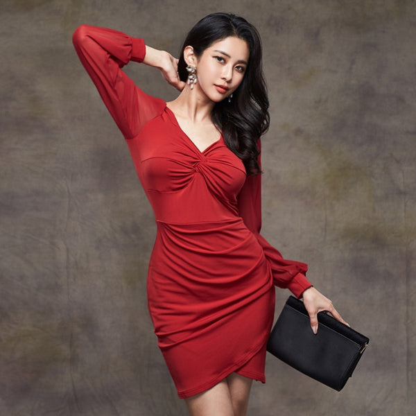 Knot front lantern sleeve ruched bodycon dresses